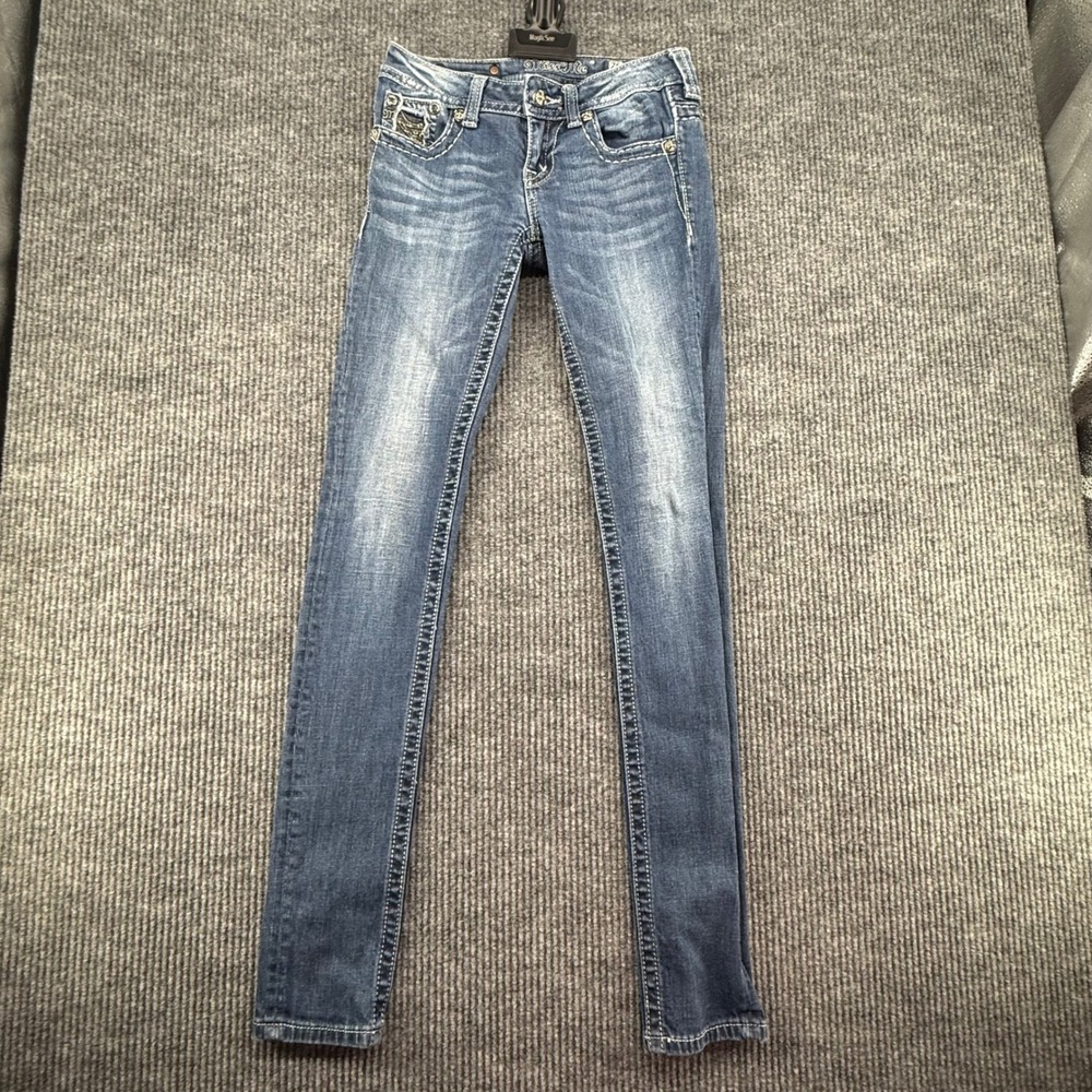 Miss Me Skinny Jeans Womens 26 Blue Excellent Embellished Rhinestone Distressed